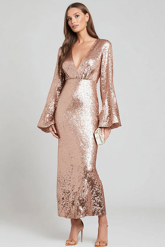 Sparkly Rose Gold Sequin V-Neck Long Formal Dress with Sleeves
