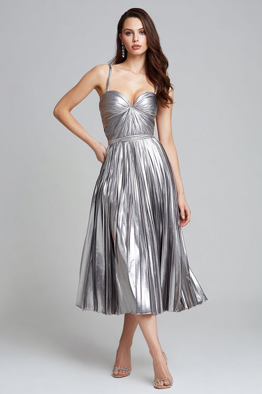 Sparkly Silver Spaghetti Straps Metallic Pleated A-Line Long Formal Dress