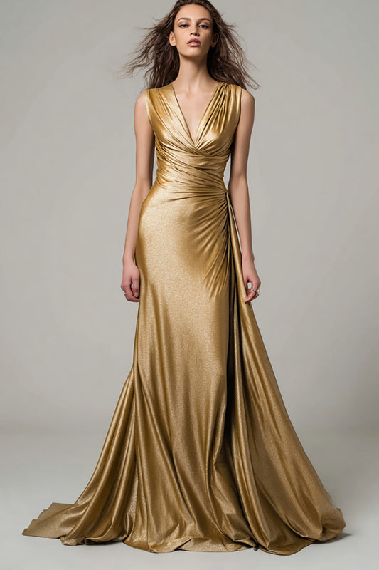 Sparkly Gold V-Neck Metallic Ruched Mermaid Long Formal Dress