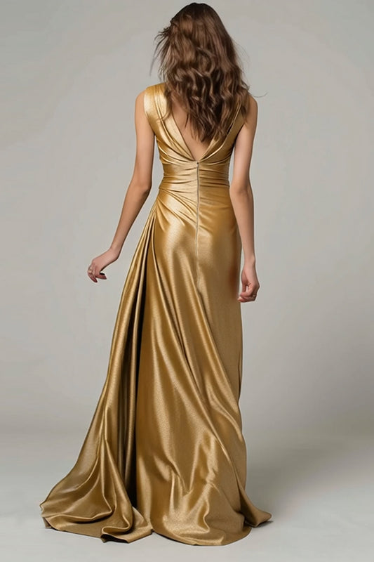 Sparkly Gold V-Neck Metallic Ruched Mermaid Long Formal Dress