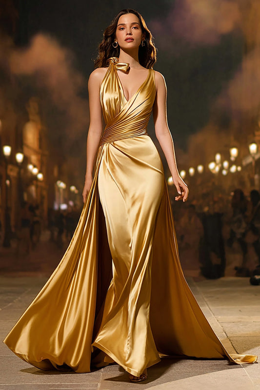 Gold V-Neck Satin Mermaid Long Formal Dress with Cape