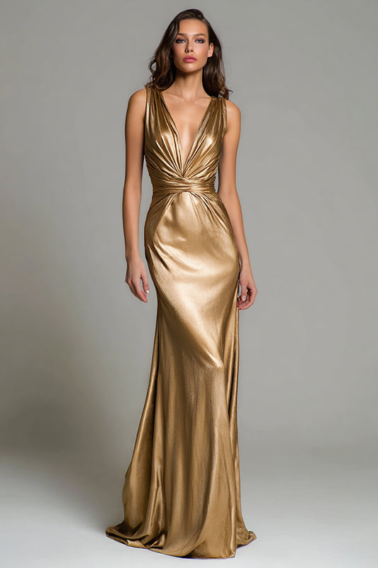 Sparkly Gold Deep V-Neck Metallic Long Formal Dress