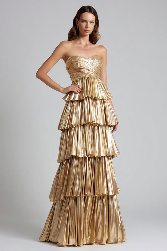 Sparkly Gold Sweetheart Metallic Pleated Ruffled Long Formal Dress