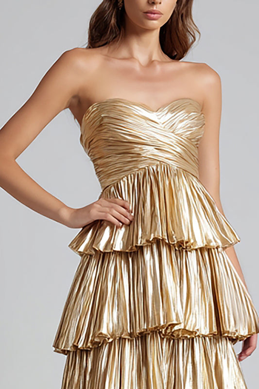 Sparkly Gold Sweetheart Metallic Pleated Ruffled Long Formal Dress