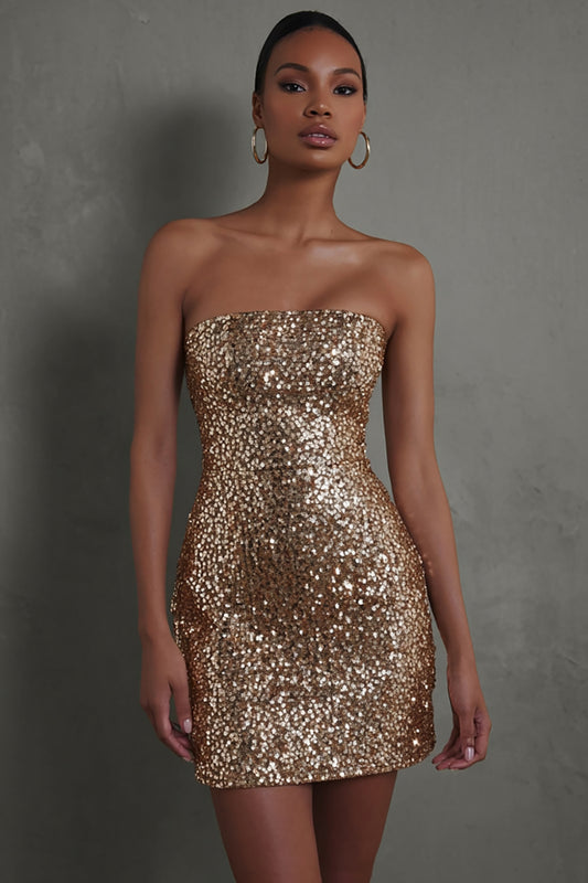 Sparkly Gold Strapless Sequin Tight Short Cocktail Dress