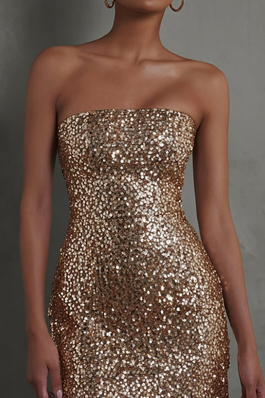 Sparkly Gold Strapless Sequin Tight Short Cocktail Dress