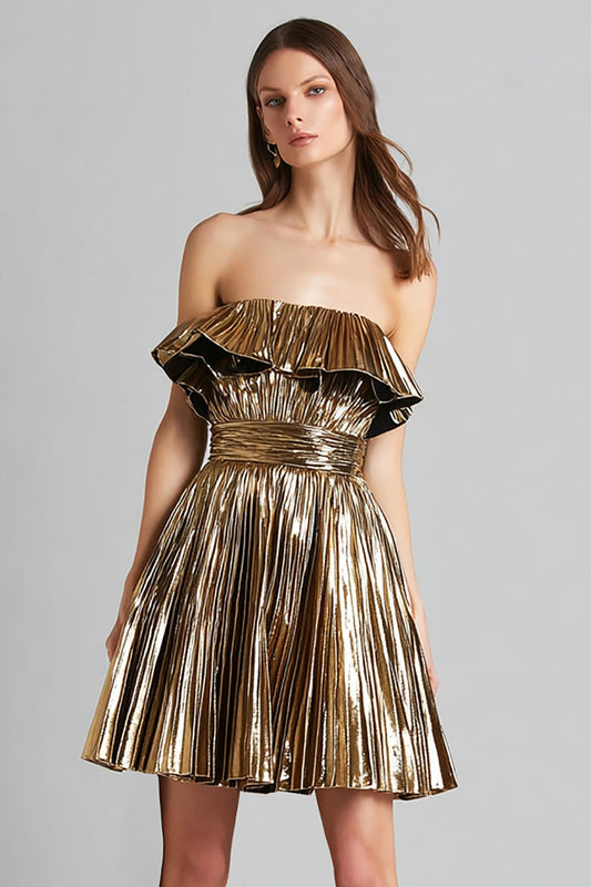 Sparkly Gold Metallic Pleated Strapless A-Line Short Cocktail Dress
