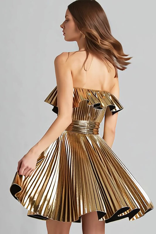 Sparkly Gold Metallic Pleated Strapless A-Line Short Cocktail Dress
