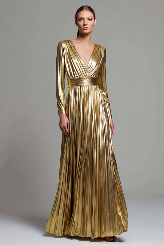 Sparkly Gold Metallic Pleated V-Neck Long Sleeves A-Line Long Formal Dress