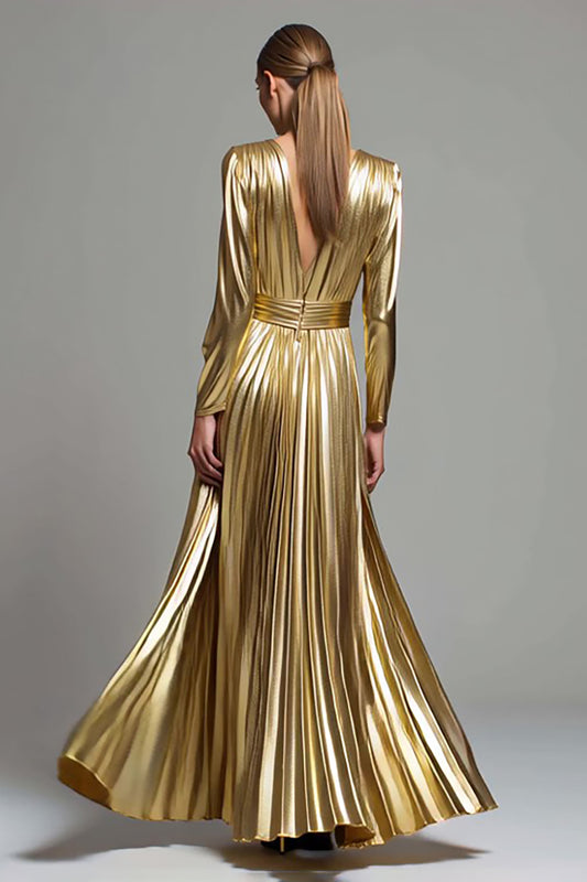 Sparkly Gold Metallic Pleated V-Neck Long Sleeves A-Line Long Formal Dress