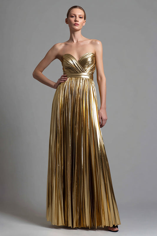 Sparkly Gold Metallic Pleated Sweetheart A-Line Long Formal Dress
