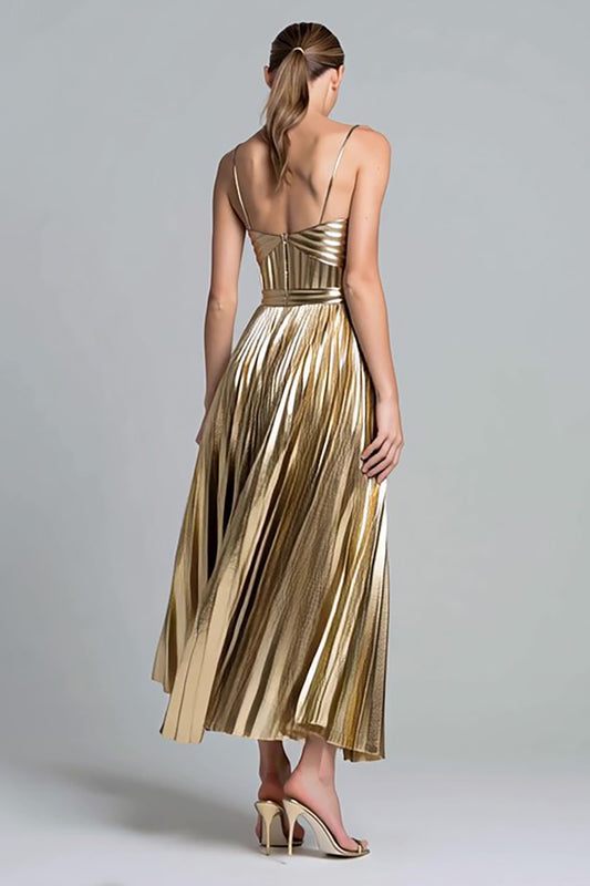 Sparkly Gold Spaghetti Straps Metallic Pleated A-Line Long Formal Dress