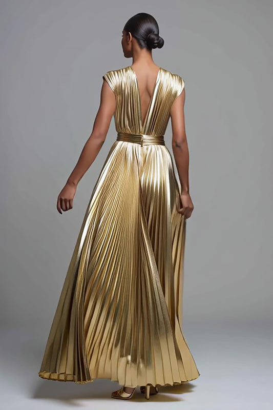 Sparkly Gold Deep V-Neck Metallic Pleated A-Line Long Formal Dress