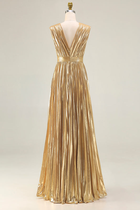 Sparkly Gold Metallic Deep V-Neck Pleated A-Line Long Formal Dress