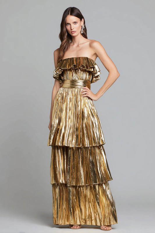 Sparkly Gold Metallic Pleated Ruffled A-Line Long Formal Dress