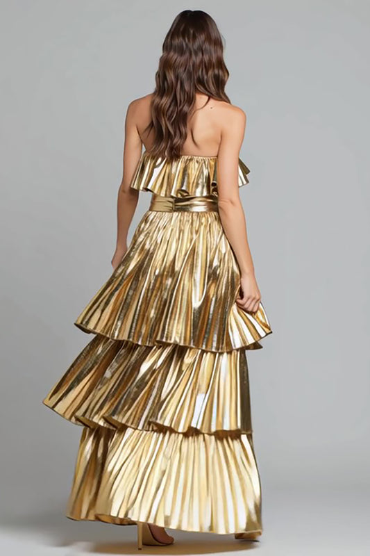 Sparkly Gold Metallic Pleated Ruffled A-Line Long Formal Dress