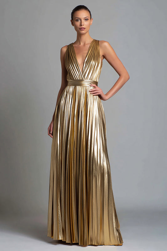 Zapakasa Women Sparkly Gold Metallic Pleated Long Formal Dress V-Neck A-Line Evening Dress
