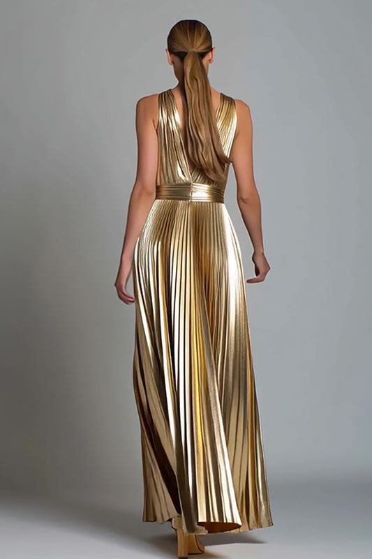 Sparkly Gold A-Line Metallic Pleated V-Neck Long Formal Dress