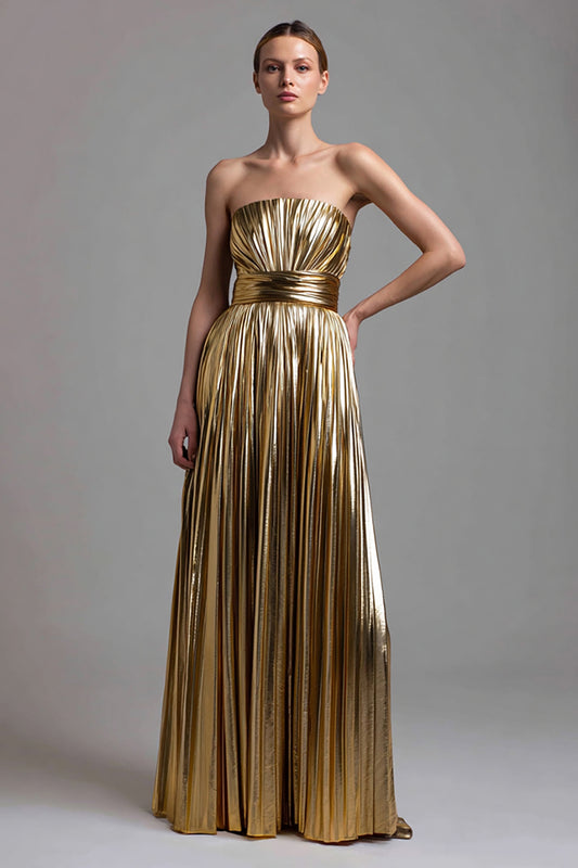 Sparkly Gold A-Line Metallic Pleated Strapless Long Formal Dress