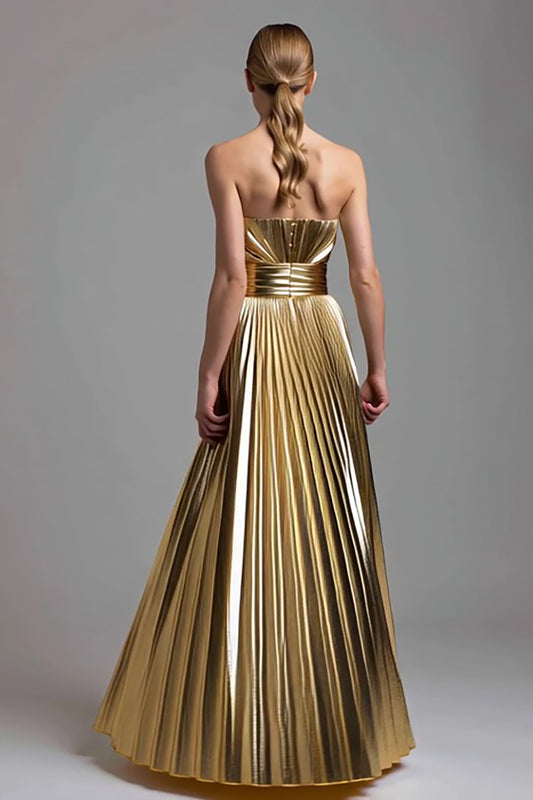 Sparkly Gold A-Line Metallic Pleated Strapless Long Formal Dress