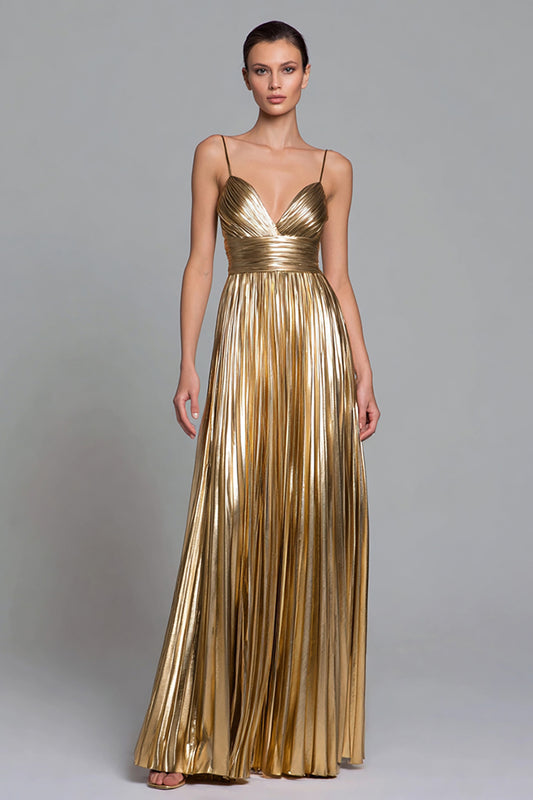 Sparkly Gold A-Line Metallic Pleated Spaghetti Straps Long Formal Dress