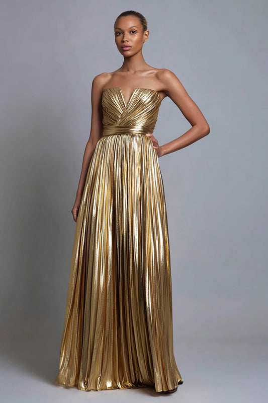 Sparkly Gold Strapless A-Line Metallic Pleated Long Formal Dress
