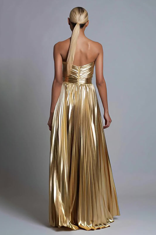 Sparkly Gold Strapless A-Line Metallic Pleated Long Formal Dress