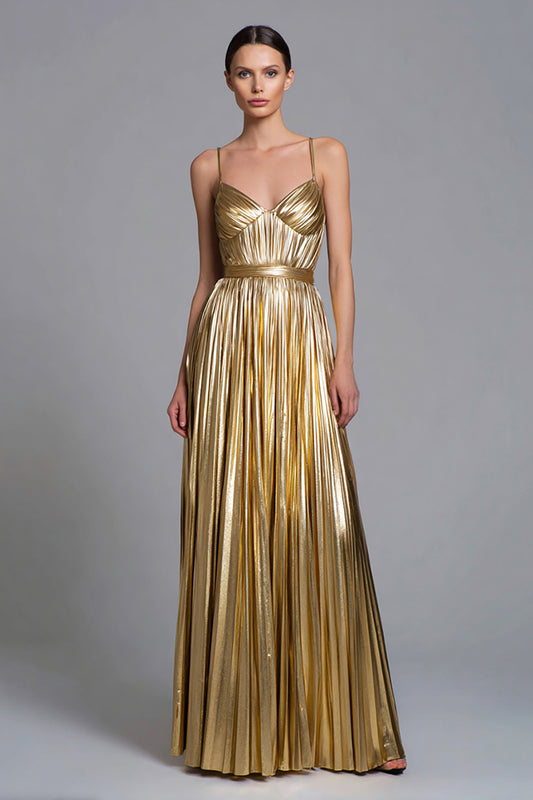 Sparkly Gold A-Line Metallic Pleated Long Formal Dress
