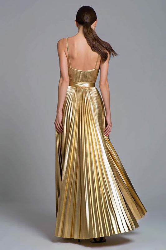 Sparkly Gold A-Line Metallic Pleated Long Formal Dress