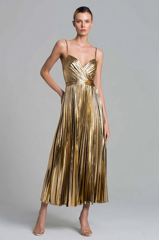 Sparkly Gold Metallic Pleated A-Line Ankle Length Formal Dress