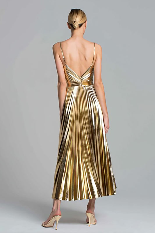 Sparkly Gold Metallic Pleated A-Line Ankle Length Formal Dress