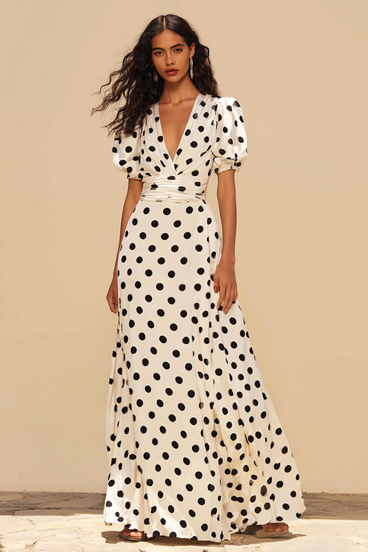 Black and White A Line V-Neck Short Sleeves Maxi Polka Dots Dress