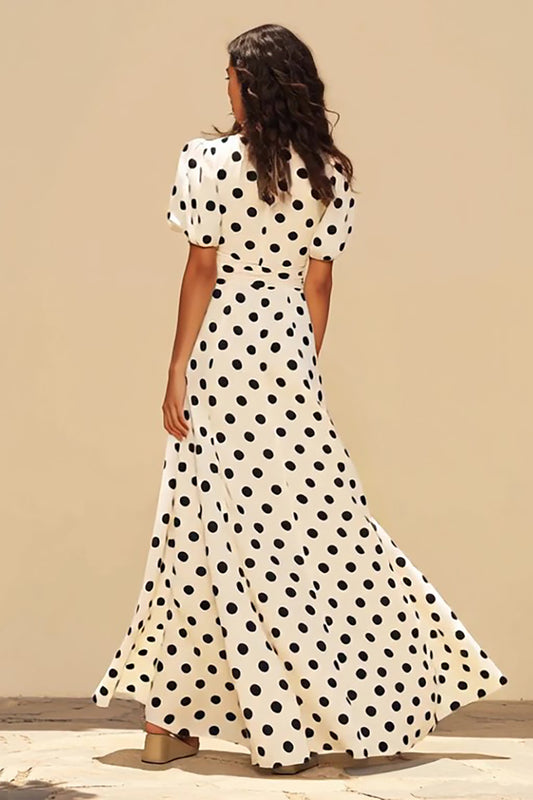 Black and White A Line V-Neck Short Sleeves Maxi Polka Dots Dress