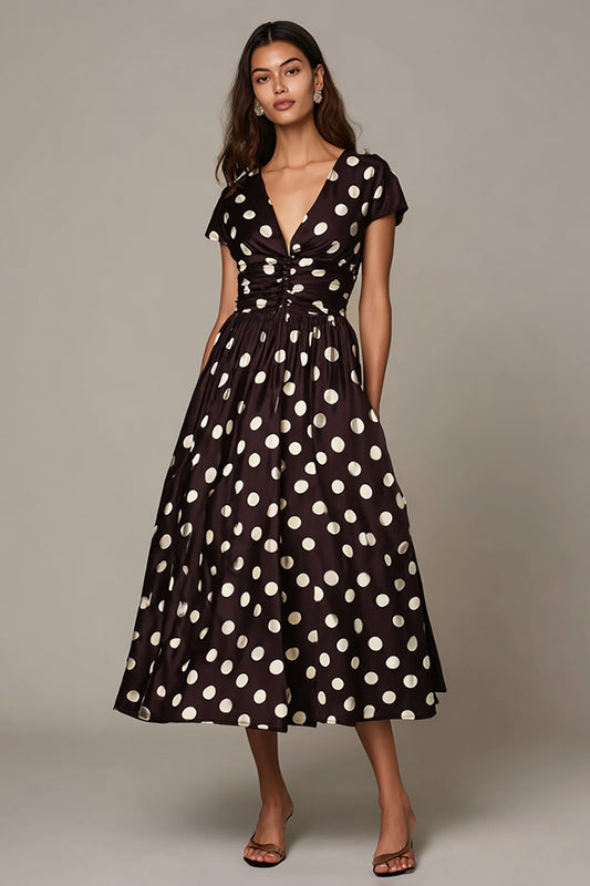 Dark Brown White V-Neck Satin A Line Short Sleeves Polka Dots Dress