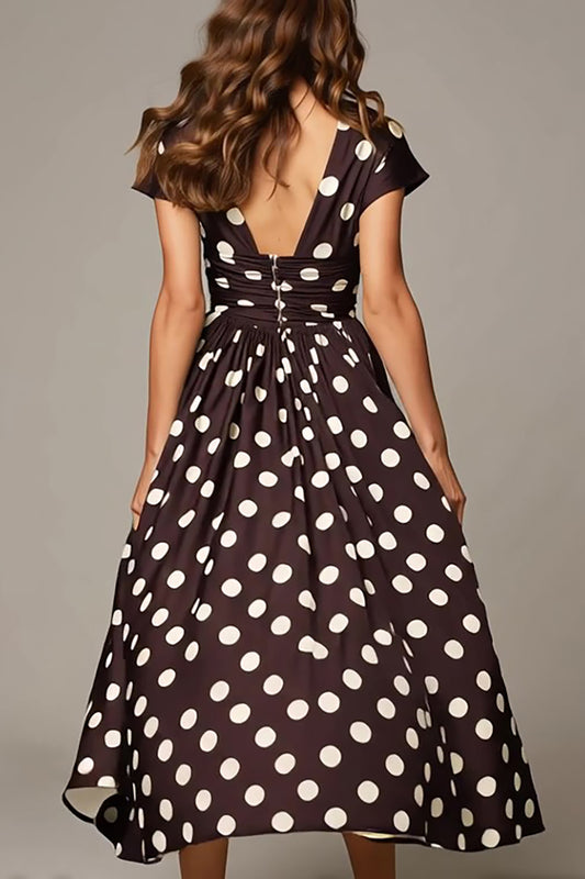 Dark Brown White V-Neck Satin A Line Short Sleeves Polka Dots Dress