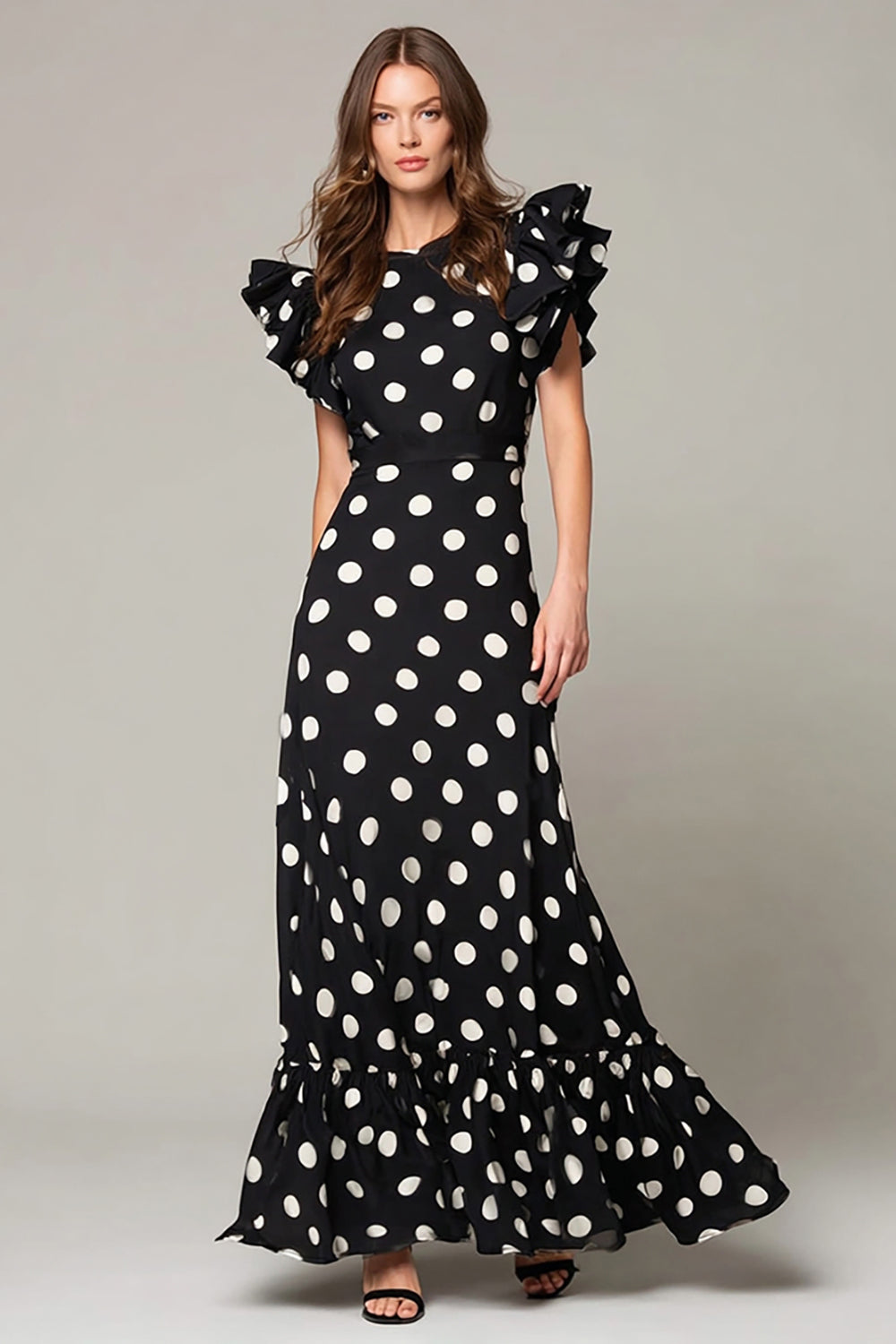 black and white polka dot ruffle dress Tiered Black and White A Line Midi Tulle Polka Dot Dress with Ruffles