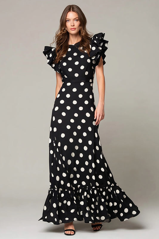 Black and White Chiffon A Line Cap Sleeves Polka Dots Dress with Ruffles