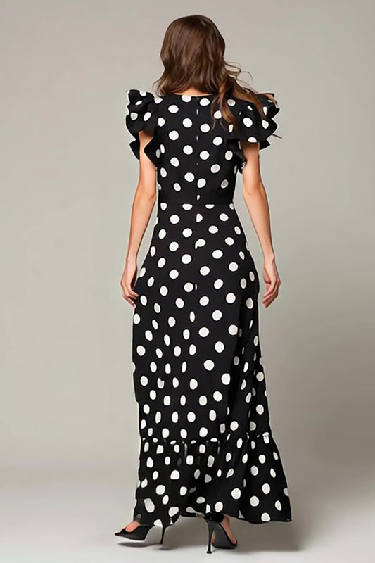 Black and White Chiffon A Line Cap Sleeves Polka Dots Dress with Ruffles