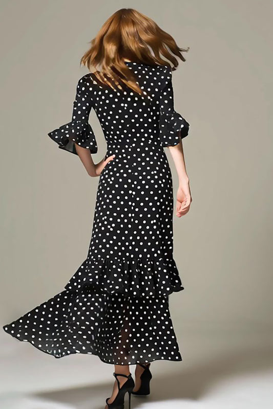 Black and White Chiffon A Line Half Sleeves Maxi Polka Dots Dress with Ruffles