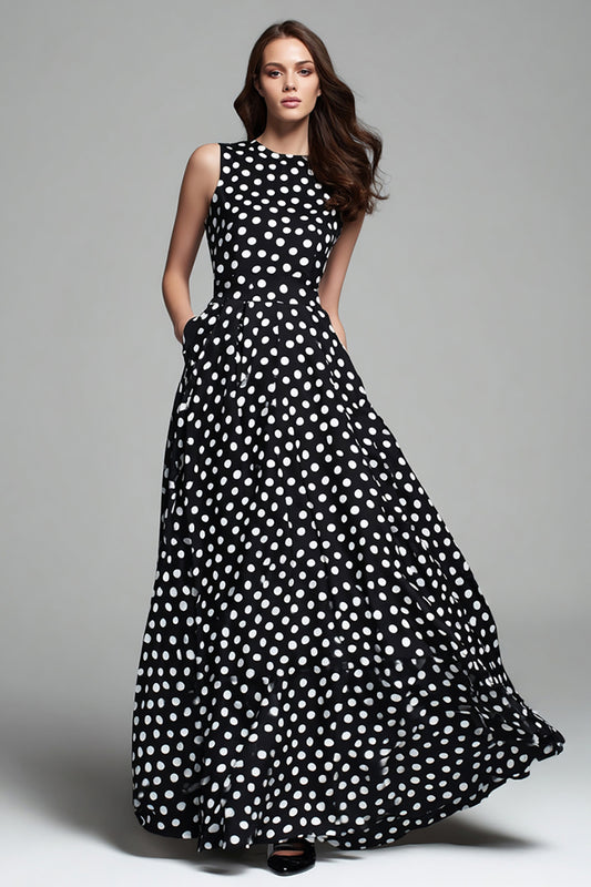 Black and White Chiffon A Line Round Neck Maxi Polka Dots Dress