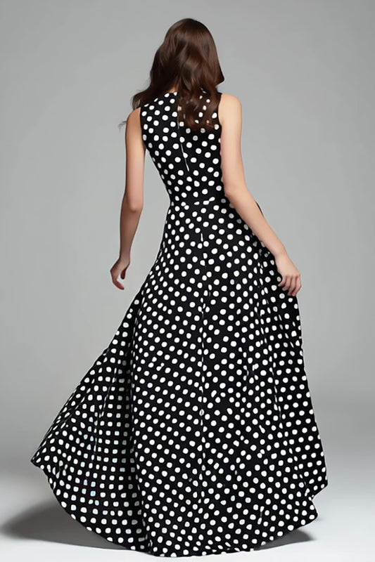 Black and White Chiffon A Line Round Neck Maxi Polka Dots Dress