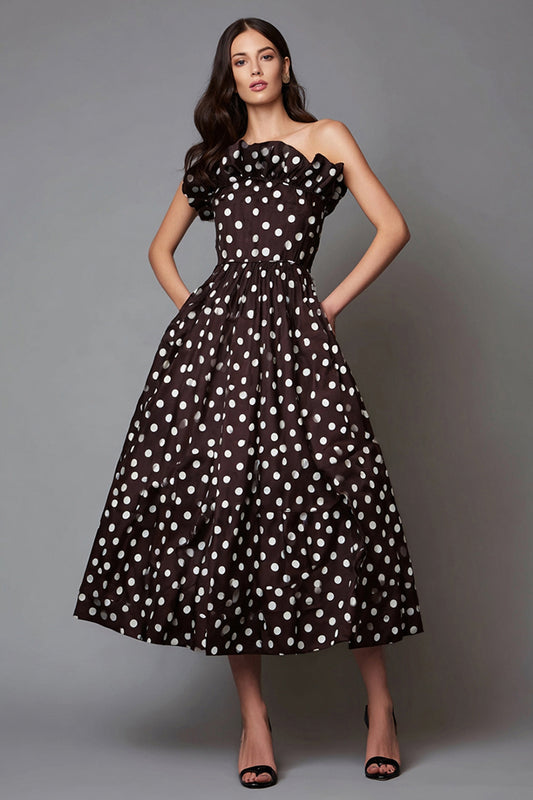 Dark Brown A Line Strapless Maxi Satin Polka Dots Dress