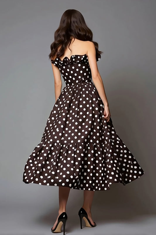 Dark Brown A Line Strapless Maxi Satin Polka Dots Dress