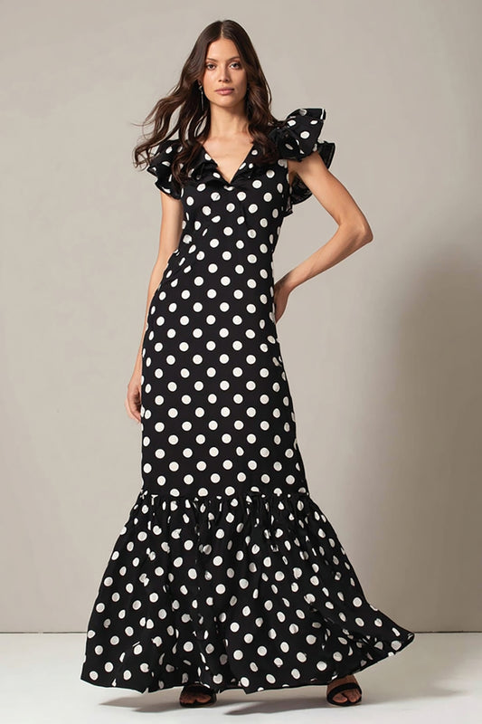 Black and White Chiffon Mermaid V-Neck Maxi Polka Dots Dress