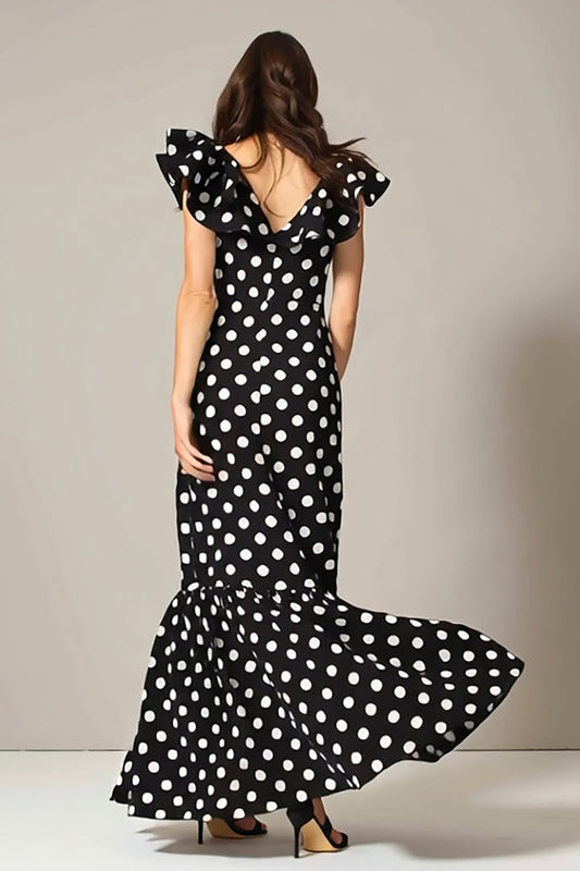Black and White Chiffon Mermaid V-Neck Maxi Polka Dots Dress