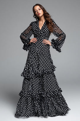 Black and White Chiffon A-Line Ruffled V-Neck Maxi Polka Dots Dress