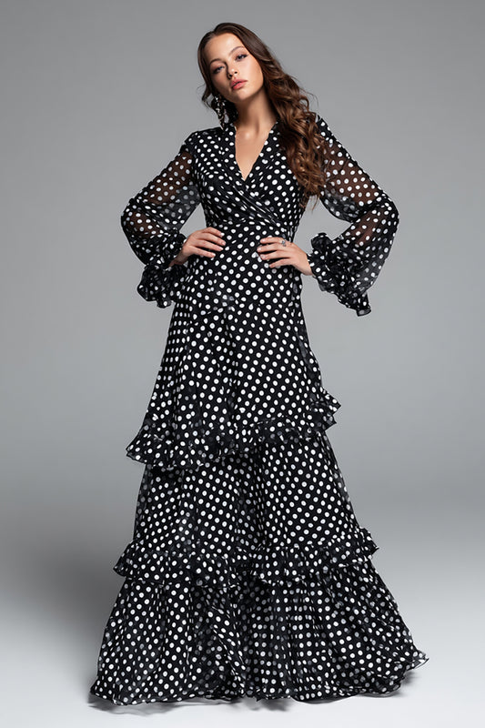 Black and White Chiffon A-Line Ruffled V-Neck Maxi Polka Dots Dress