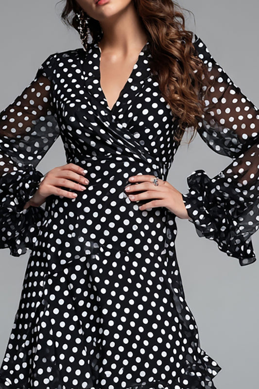 Black and White Chiffon A-Line Ruffled V-Neck Maxi Polka Dots Dress