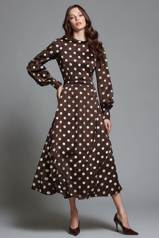 Dark Brown A-Line Satin Long Sleeves Round Neck Polka Dots Dress