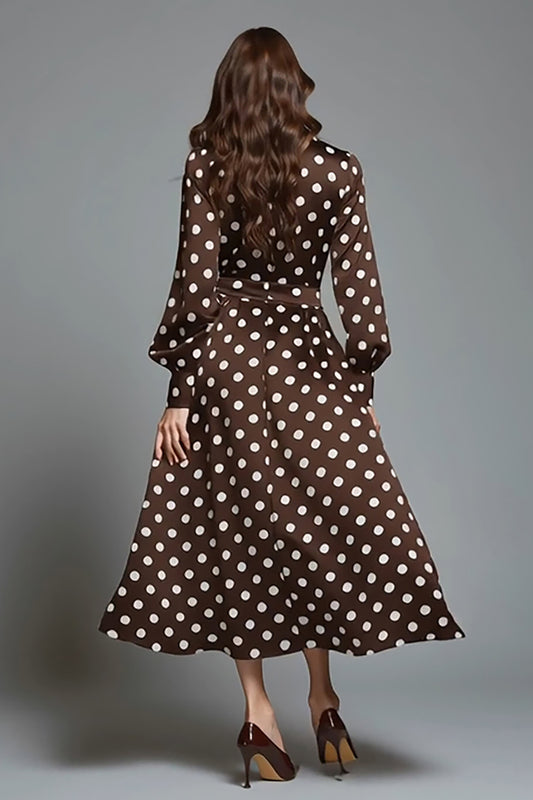 Dark Brown A-Line Satin Long Sleeves Round Neck Polka Dots Dress